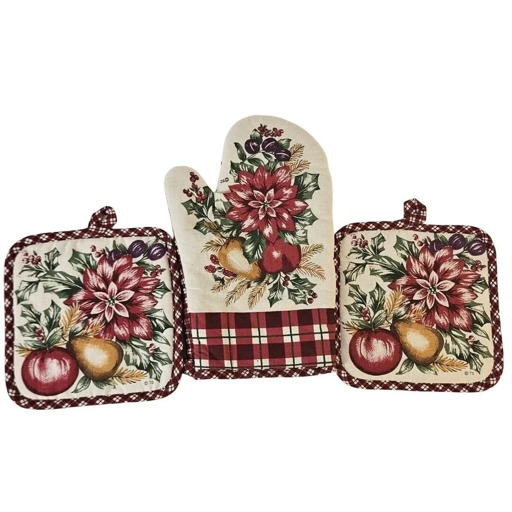 Christmas Country Farmhouse Oven Hot Mitt w 2‎ Pot Holders Quilted Plaid Cotton